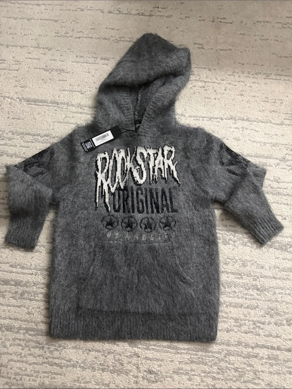 Kids Gray Fuzzy Hooded Pullover with Rockstar Graphic